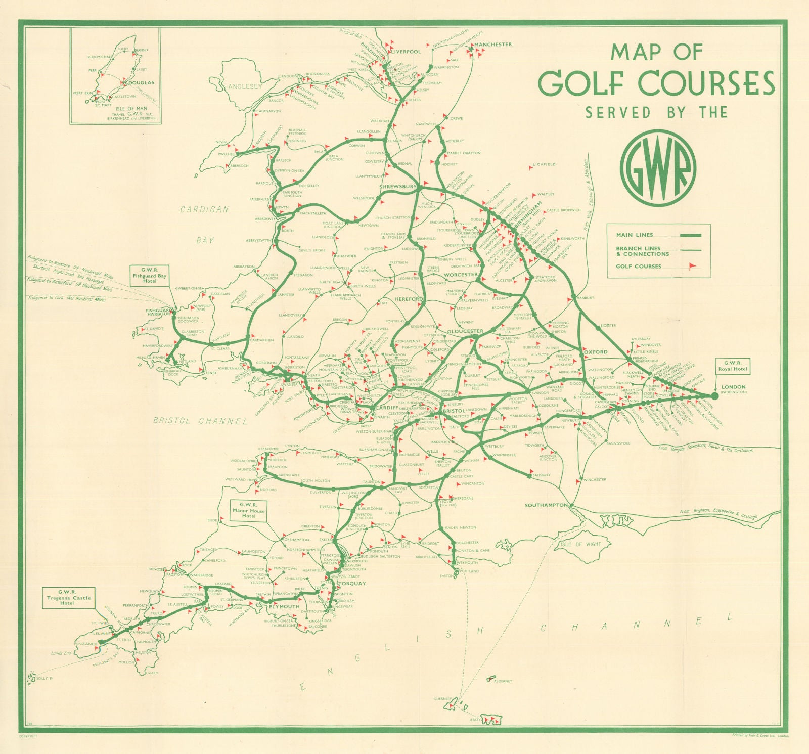 Map of Golf Courses Served by the G.W.R. Southwest England & Wales 1939